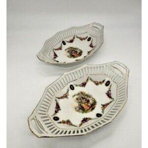 Vintage German Porcelain Reticulated Oval Decorated Dishes Gilded Edges Set of 2